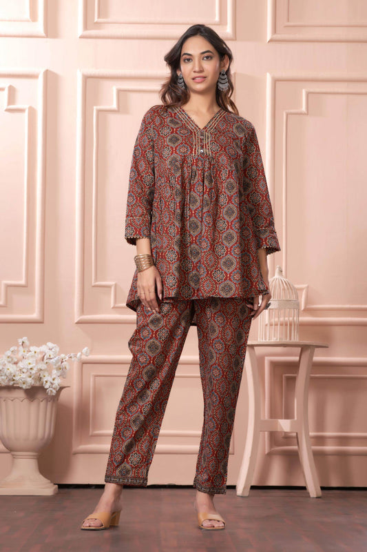 Divya Brown Cotton Gamthi Print Co-Ord Set - BulBul