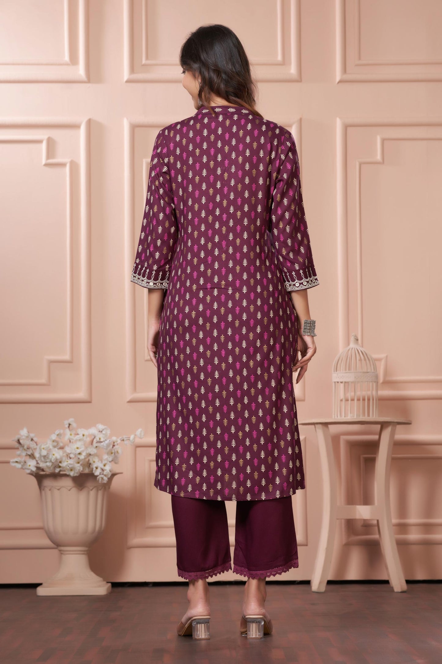 BulBul Lily Wine Printed Rayon Kurta Set