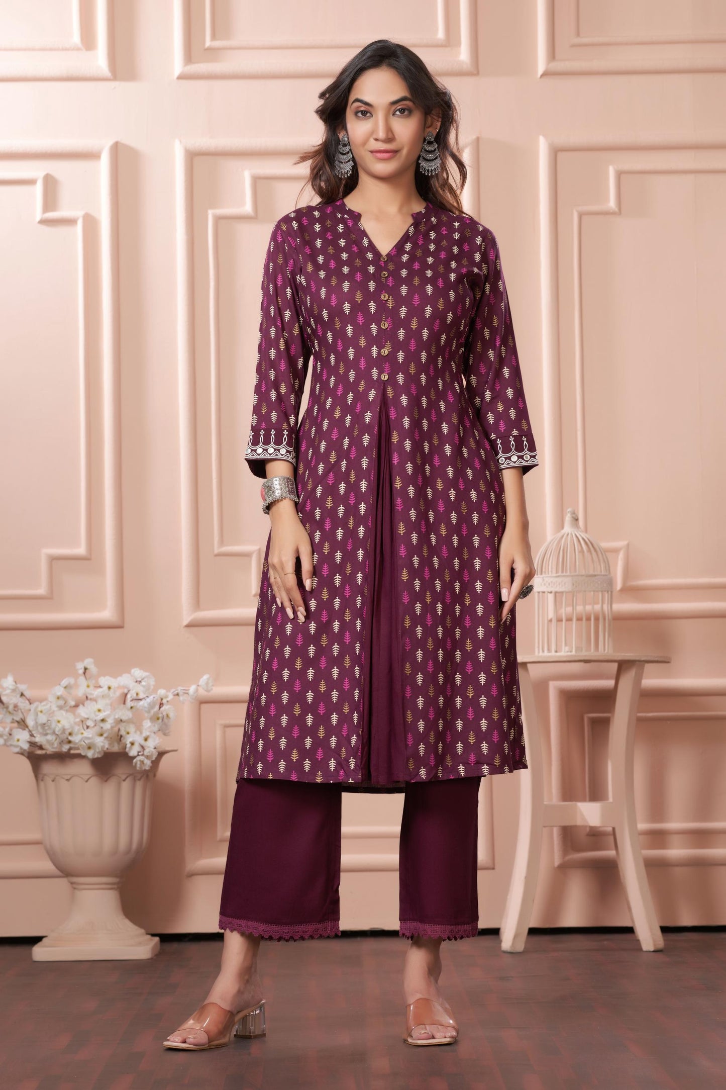 BulBul Lily Wine Printed Rayon Kurta Set