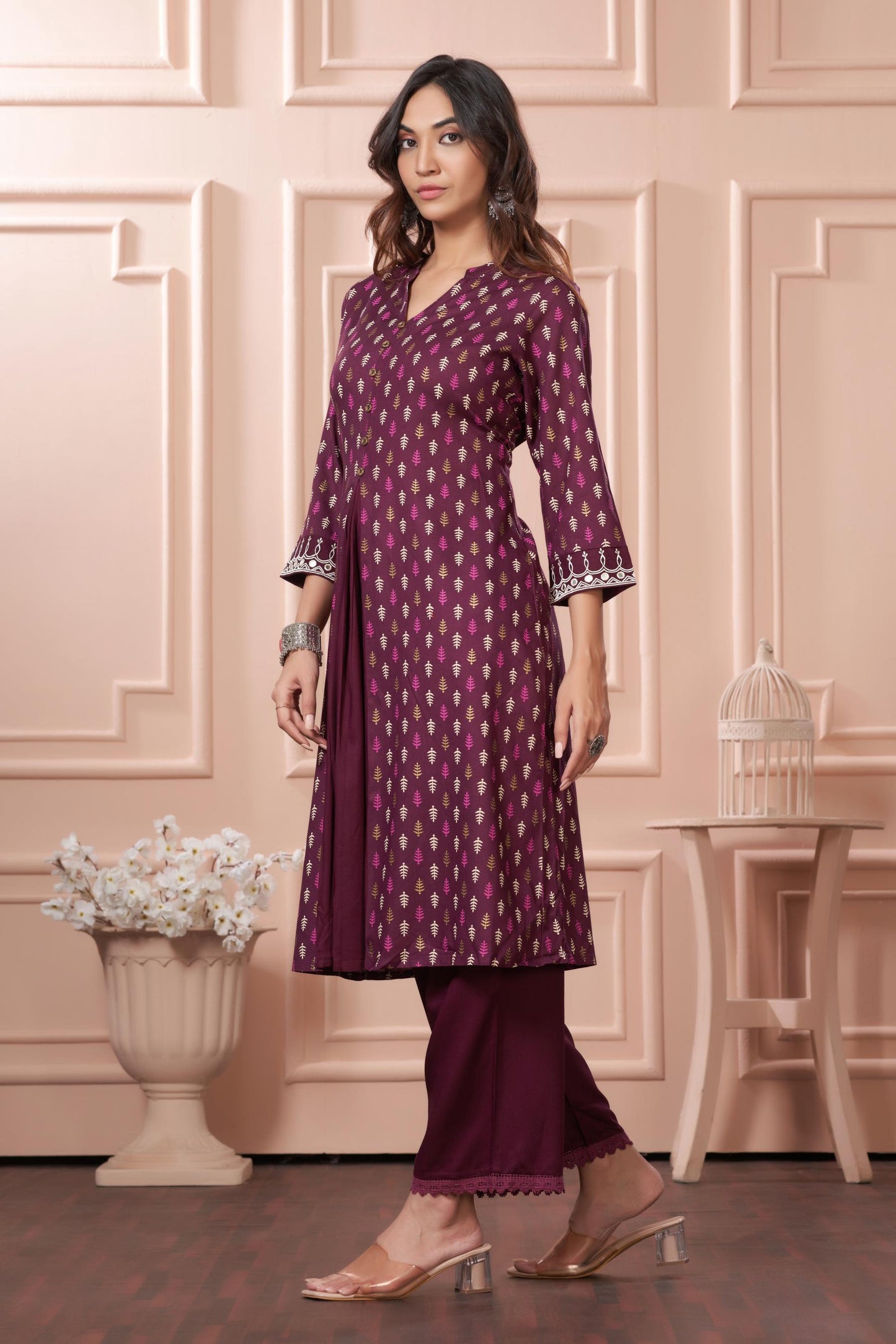 BulBul Lily Wine Printed Rayon Kurta Set