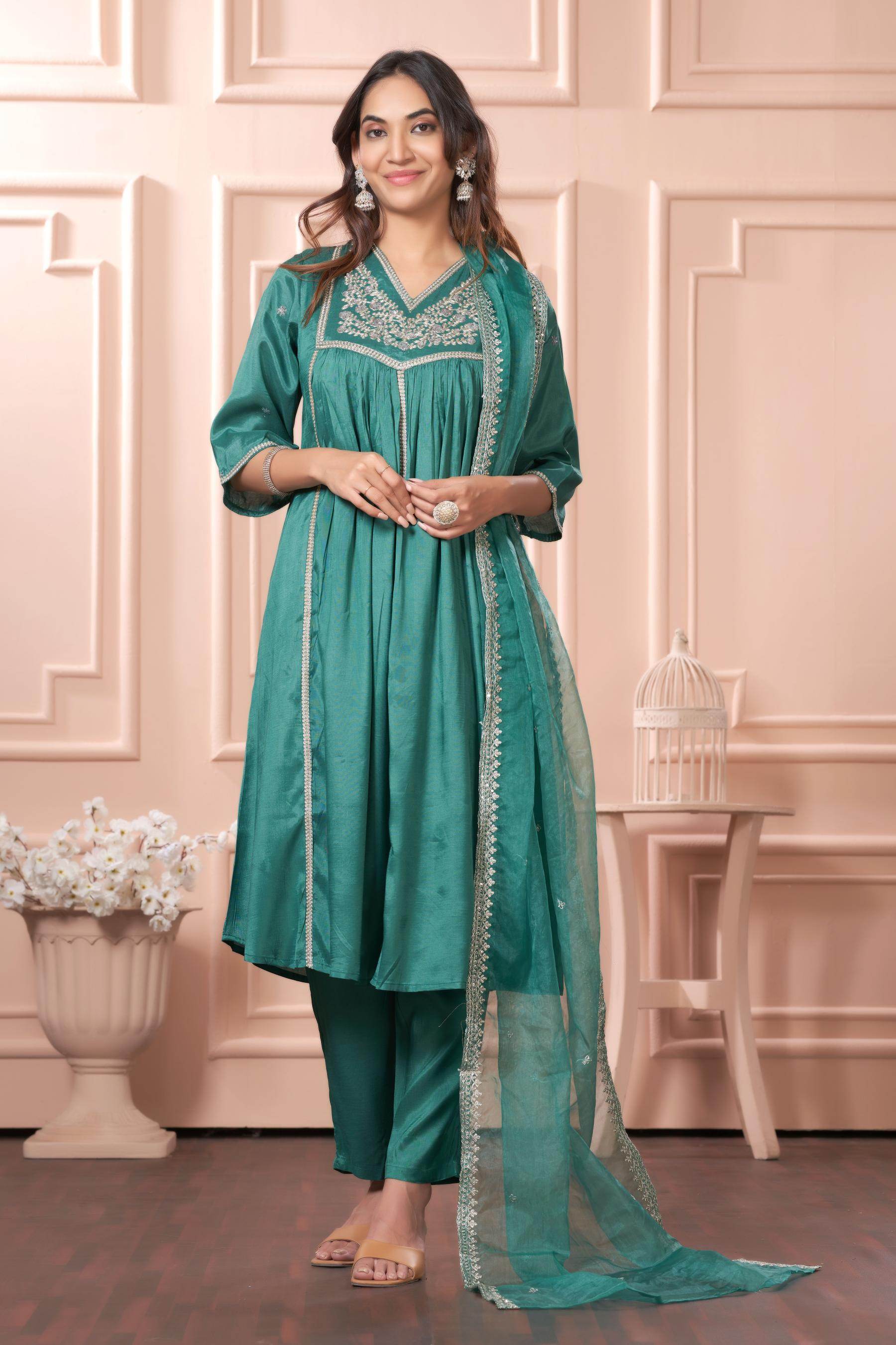 Praniti Viscose Green Kurta Set with Dupatta - BulBul