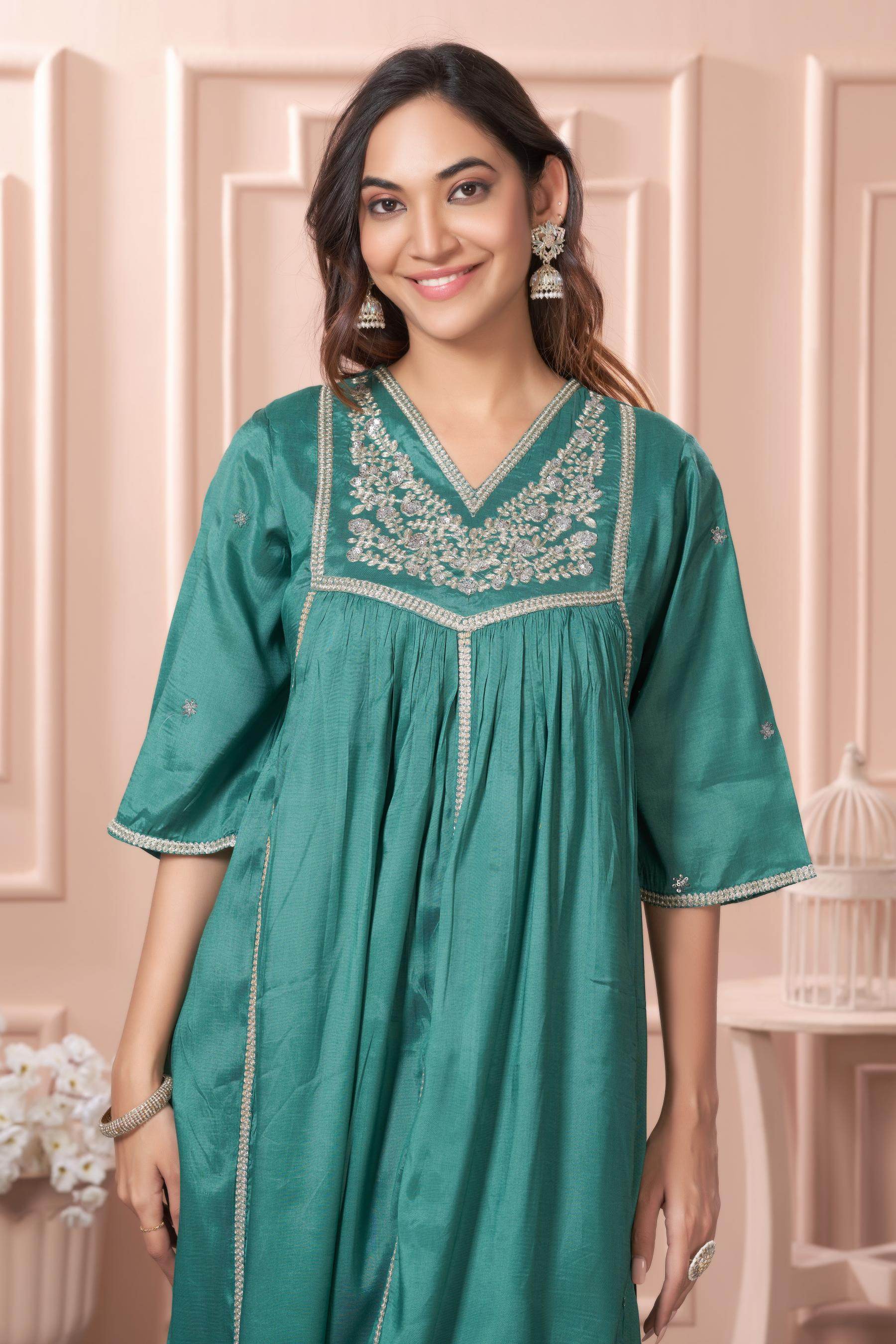 Praniti Viscose Green Kurta Set with Dupatta - BulBul
