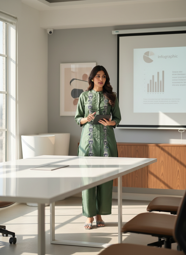 Deepti Olive Viscose Jacquard Co-Ord Set with Resham Embroidery & Hand Bead Sequin Work