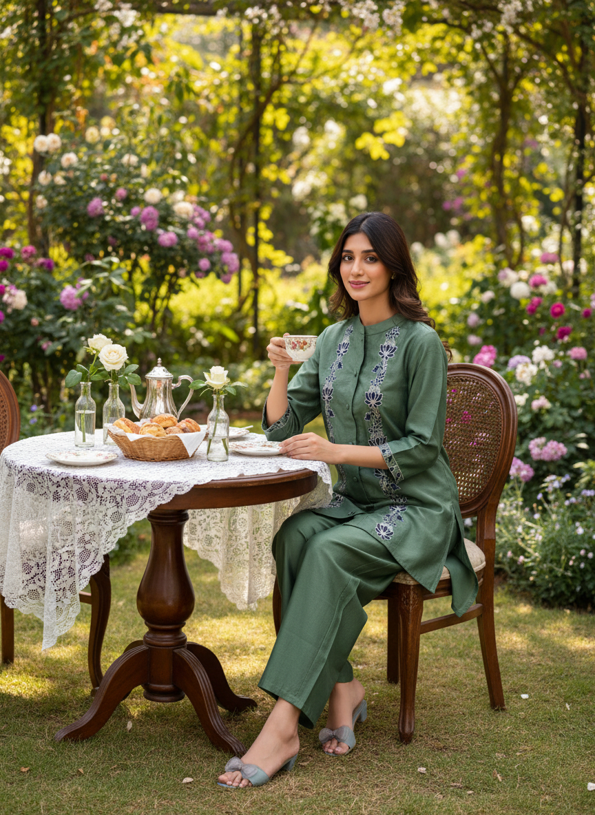 Deepti Olive Viscose Jacquard Co-Ord Set with Resham Embroidery & Hand Bead Sequin Work