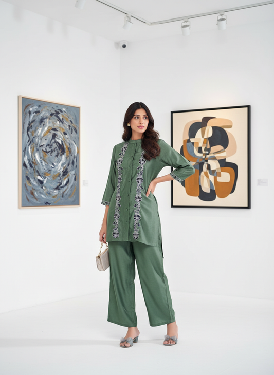 Deepti Olive Viscose Jacquard Co-Ord Set with Resham Embroidery & Hand Bead Sequin Work