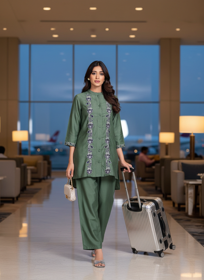 Deepti Olive Viscose Jacquard Co-Ord Set with Resham Embroidery & Hand Bead Sequin Work