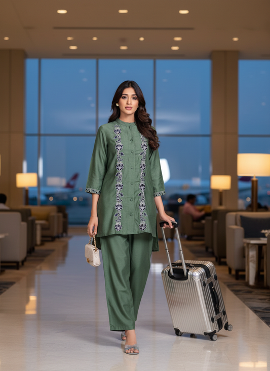 Deepti Olive Viscose Jacquard Co-Ord Set with Resham Embroidery & Hand Bead Sequin Work