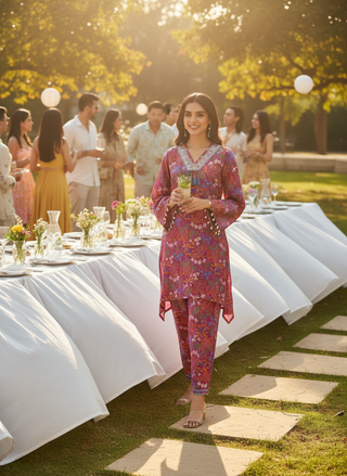 Dharvi Fuchsia Printed Modal Chanderi Co-Ord Set with Mirror Sequin Embroidery and Coin Shell Embellishment