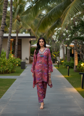 Dharvi Fuchsia Printed Modal Chanderi Co-Ord Set with Mirror Sequin Embroidery and Coin Shell Embellishment