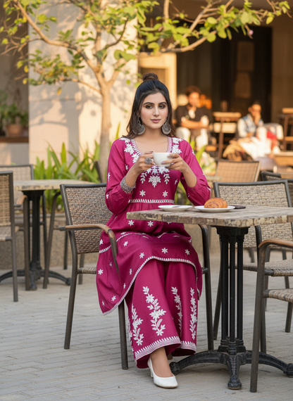 Dhawani Wine Viscose Co-Ord Set with White Floral Thread Embroidery