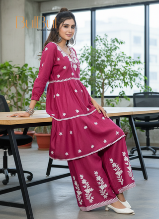 Dhawani Wine Viscose Co-Ord Set with White Floral Thread Embroidery