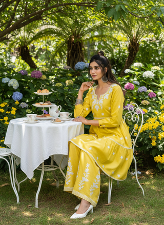 Dhawani Mustard Viscose Co-Ord Set with White Floral Thread Embroidery