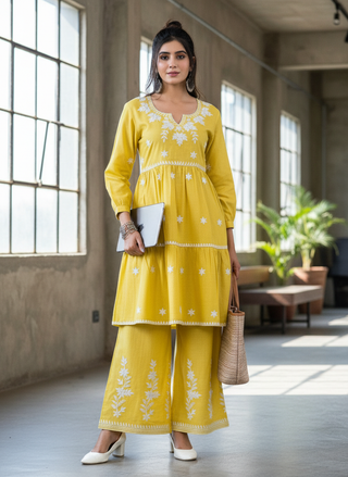 Dhawani Mustard Viscose Co-Ord Set with White Floral Thread Embroidery