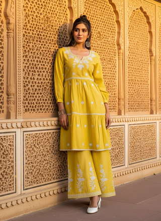 Dhawani Mustard Viscose Co-Ord Set with White Floral Thread Embroidery