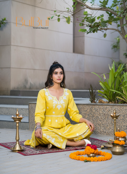 Dhawani Mustard Viscose Co-Ord Set with White Floral Thread Embroidery