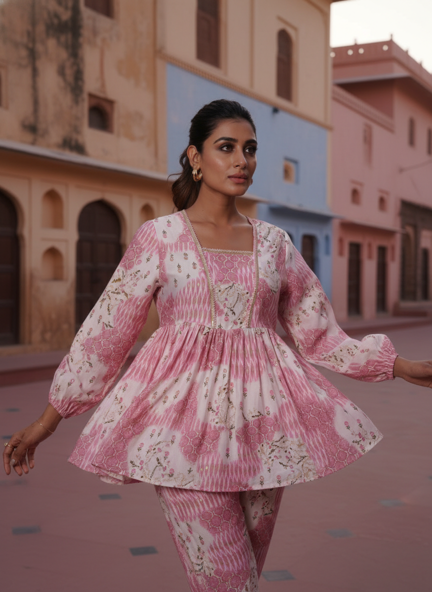 Dhriti Pink Modal Chanderi Co-Ord Set with Floral Print and Gota Patti Lace Neckline