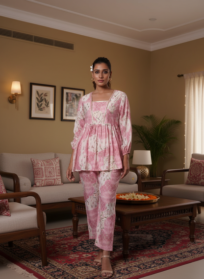 Dhriti Pink Modal Chanderi Co-Ord Set with Floral Print and Gota Patti Lace Neckline
