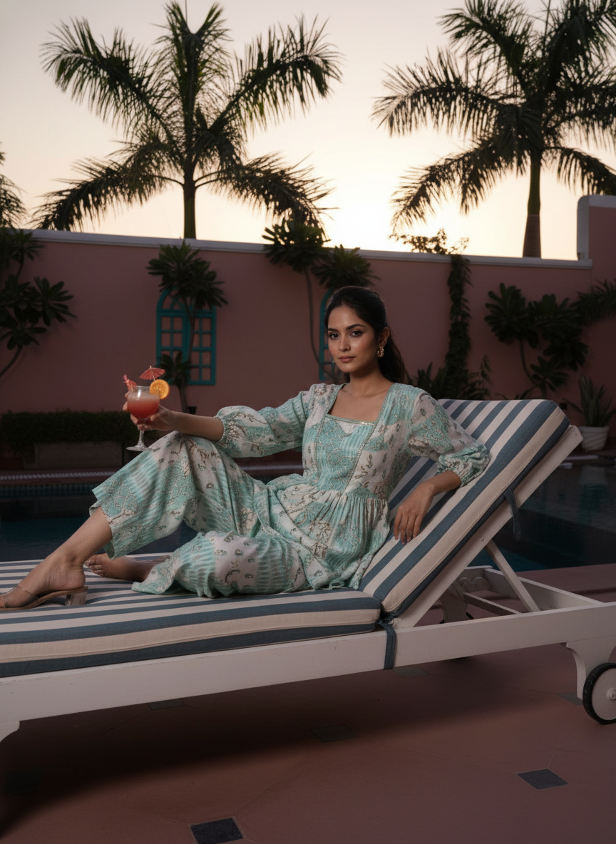 Dhriti Light Teal Modal Chanderi Co-Ord Set with Floral Print and Gota Patti Lace Neckline