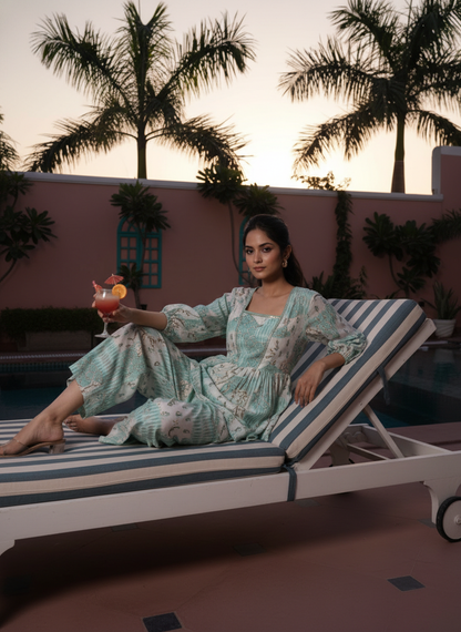 Dhriti Light Teal Modal Chanderi Co-Ord Set with Floral Print and Gota Patti Lace Neckline