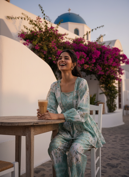 Dhriti Light Teal Modal Chanderi Co-Ord Set with Floral Print and Gota Patti Lace Neckline