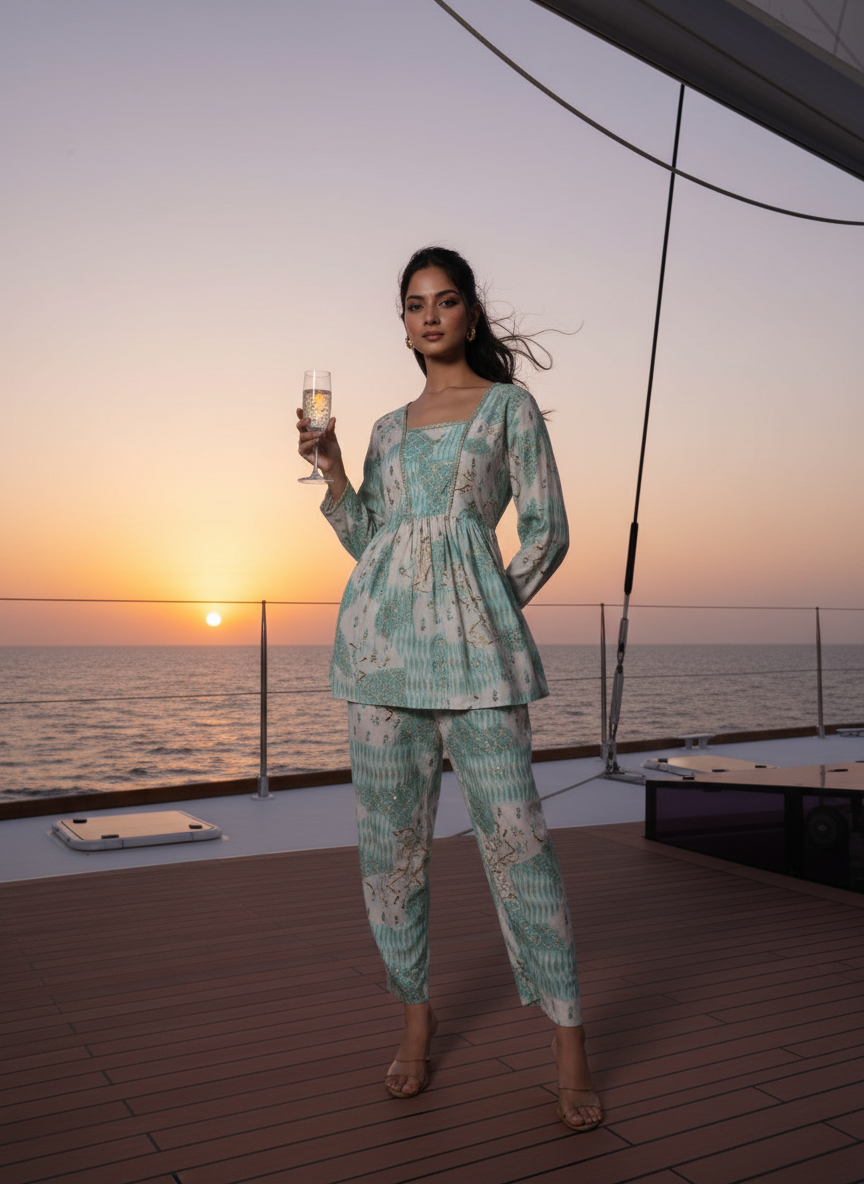 Dhriti Light Teal Modal Chanderi Co-Ord Set with Floral Print and Gota Patti Lace Neckline
