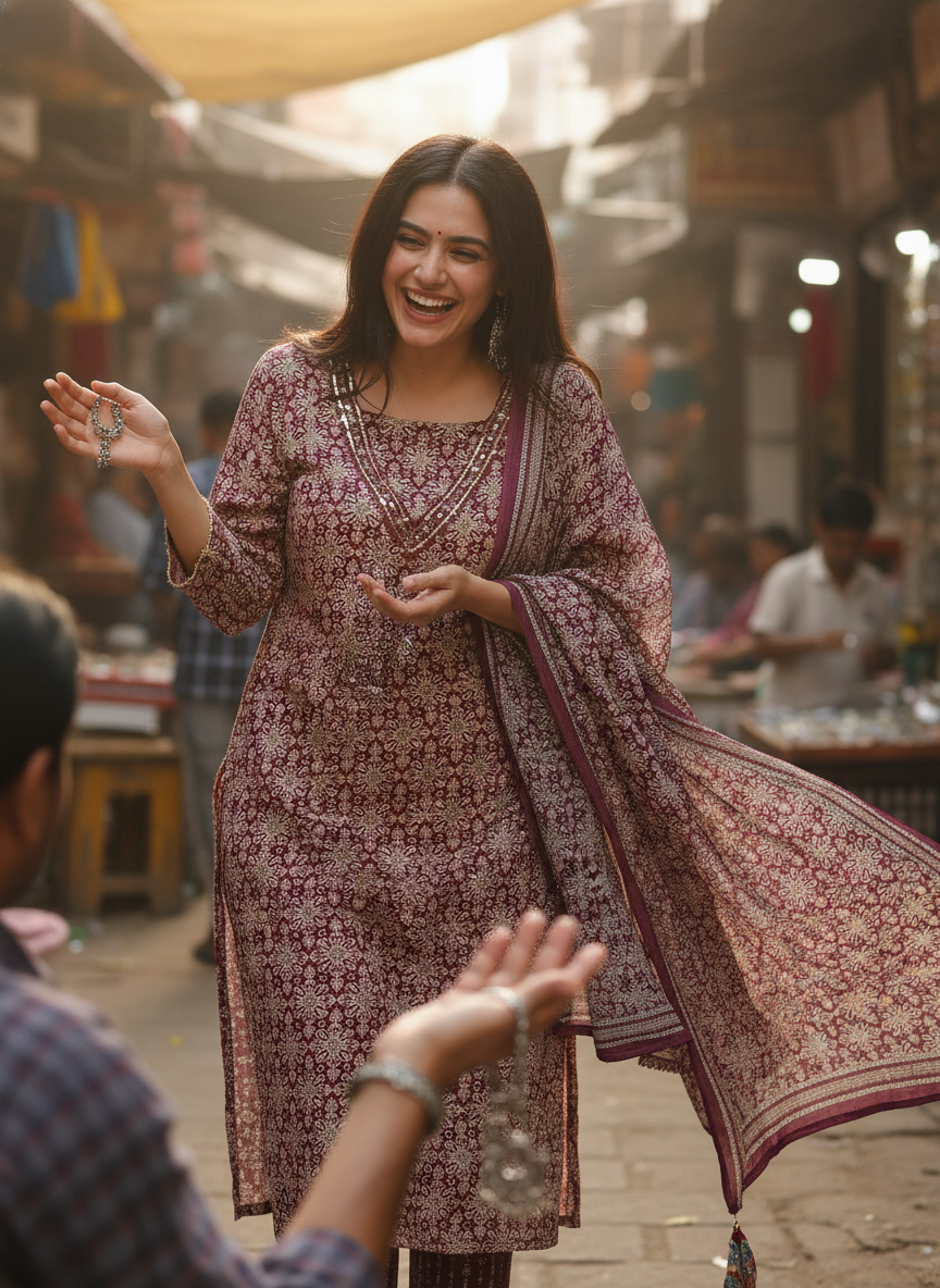 Pure Cotton Firdous Maroon Printed Kurta Set with Sequin Embellished V-Neckline and Dupatta
