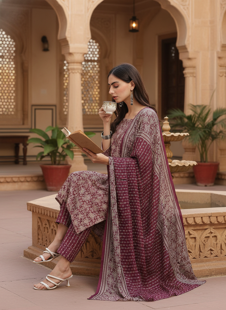 Pure Cotton Firdous Maroon Printed Kurta Set with Sequin Embellished V-Neckline and Dupatta