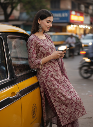Pure Cotton Firdous Maroon Printed Kurta Set with Sequin Embellished V-Neckline and Dupatta