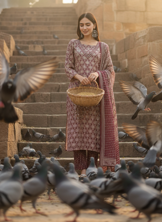 Pure Cotton Firdous Maroon Printed Kurta Set with Sequin Embellished V-Neckline and Dupatta
