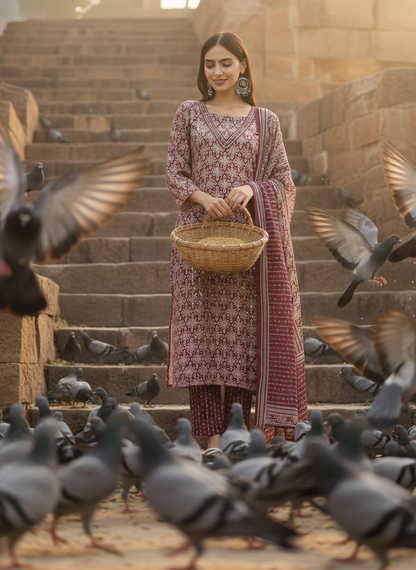 Pure Cotton Firdous Maroon Printed Kurta Set with Sequin Embellished V-Neckline and Dupatta