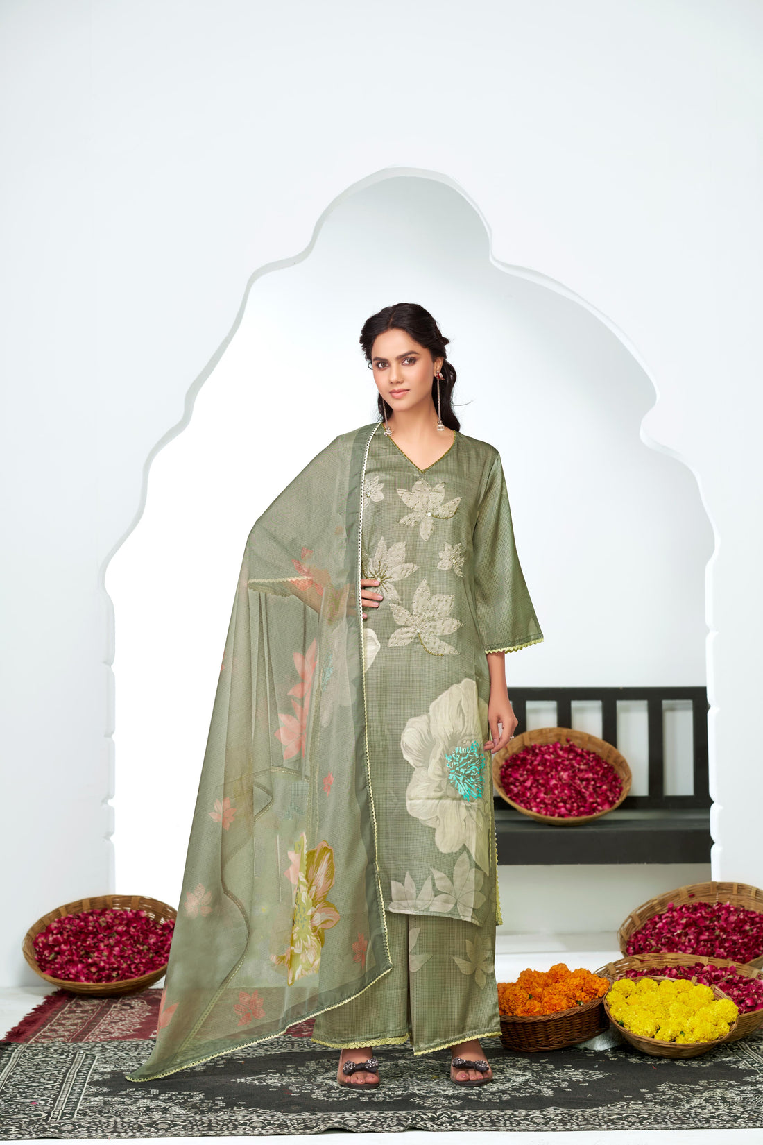 Farida Grey Floral Printed Kurta Set with Dupatta featuring Handcrafted Glass Bugle & Pearl Embellished Neckline, Satin Silk with Cotton Mul Lining