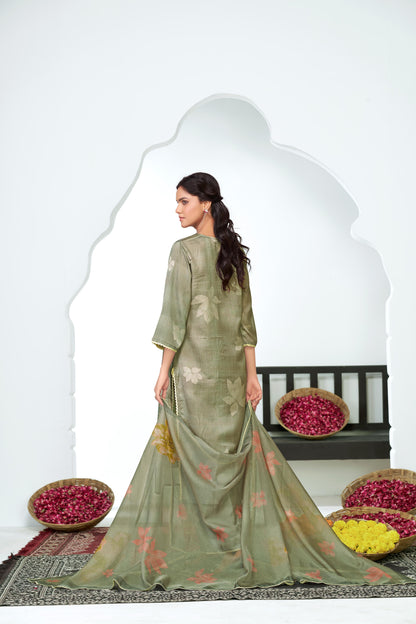 Farida Grey Floral Printed Kurta Set with Dupatta featuring Handcrafted Glass Bugle & Pearl Embellished Neckline, Satin Silk with Cotton Mul Lining
