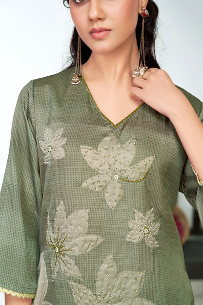 Farida Grey Floral Printed Kurta Set with Dupatta featuring Handcrafted Glass Bugle & Pearl Embellished Neckline, Satin Silk with Cotton Mul Lining
