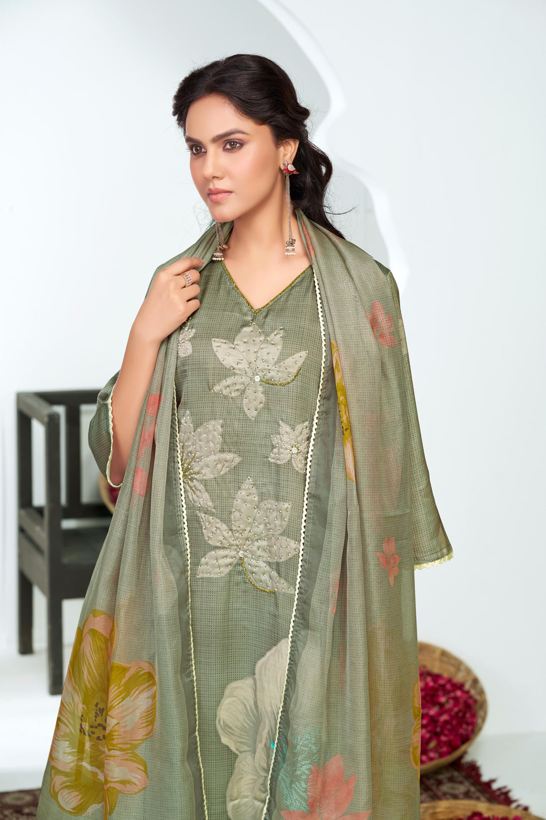 Farida Grey Floral Printed Kurta Set with Dupatta featuring Handcrafted Glass Bugle & Pearl Embellished Neckline, Satin Silk with Cotton Mul Lining