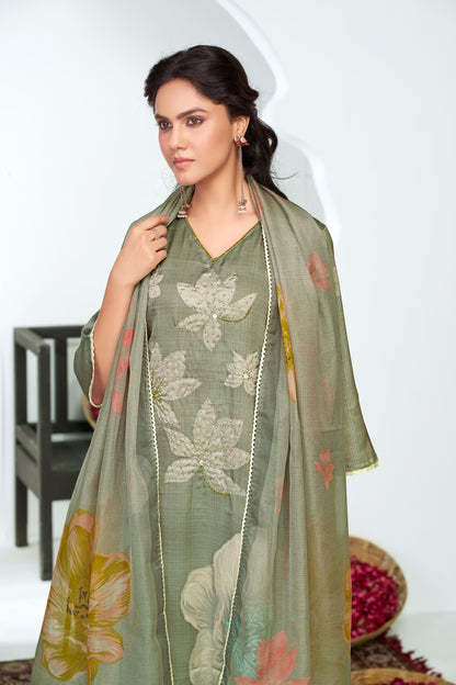 Farida Grey Floral Printed Kurta Set with Dupatta featuring Handcrafted Glass Bugle & Pearl Embellished Neckline, Satin Silk with Cotton Mul Lining