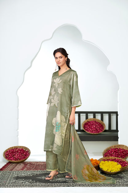 Farida Grey Floral Printed Kurta Set with Dupatta featuring Handcrafted Glass Bugle & Pearl Embellished Neckline, Satin Silk with Cotton Mul Lining