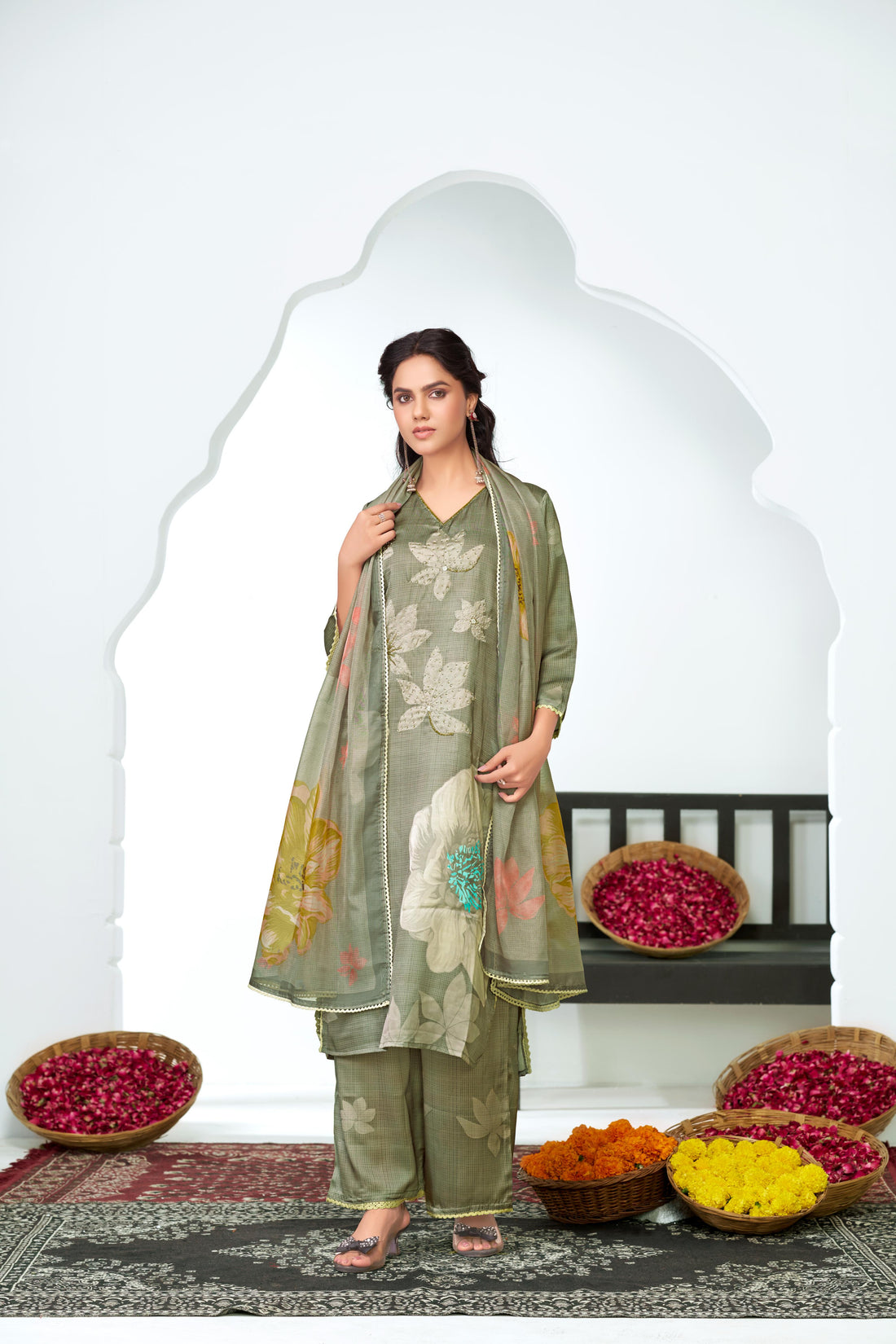 Farida Grey Floral Printed Kurta Set with Dupatta featuring Handcrafted Glass Bugle & Pearl Embellished Neckline, Satin Silk with Cotton Mul Lining