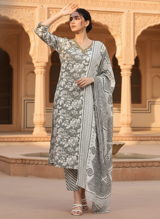 Pure Cotton Firdous Grey Floral Printed Kurta Set with Contrast Hand Thread Stitch Neck Detailing and Dupatta