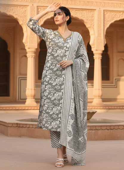 Pure Cotton Firdous Grey Floral Printed Kurta Set with Contrast Hand Thread Stitch Neck Detailing and Dupatta