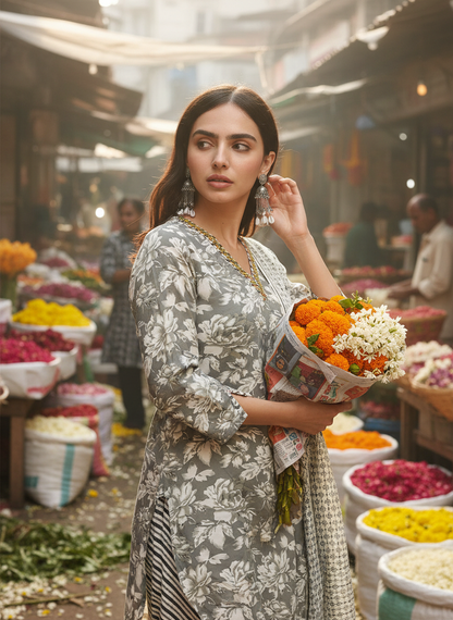 Pure Cotton Firdous Grey Floral Printed Kurta Set with Contrast Hand Thread Stitch Neck Detailing and Dupatta