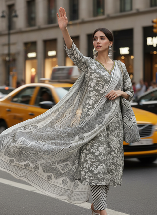 Pure Cotton Firdous Grey Floral Printed Kurta Set with Contrast Hand Thread Stitch Neck Detailing and Dupatta