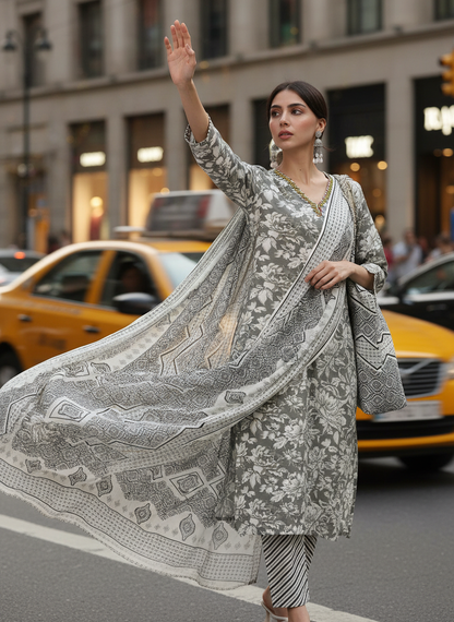 Pure Cotton Firdous Grey Floral Printed Kurta Set with Contrast Hand Thread Stitch Neck Detailing and Dupatta