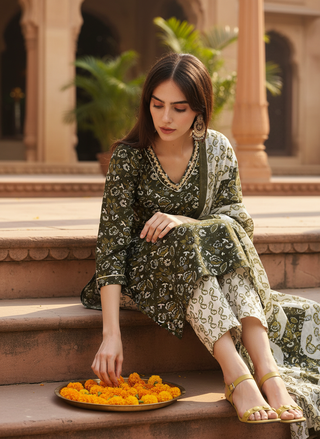 Pure Cotton Olive Printed Kurta Set with Delicate Embroidered Neckline and Dupatta