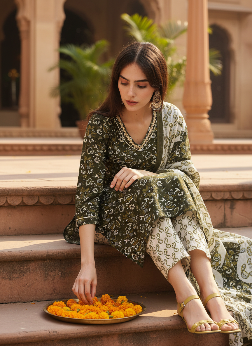 Pure Cotton Olive Printed Kurta Set with Delicate Embroidered Neckline and Dupatta