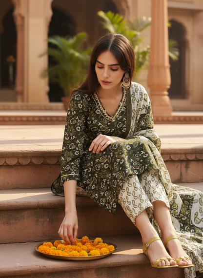 Pure Cotton Olive Printed Kurta Set with Delicate Embroidered Neckline and Dupatta