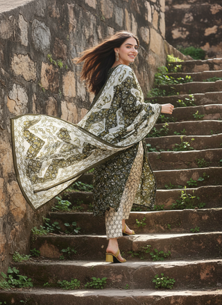 Pure Cotton Olive Printed Kurta Set with Delicate Embroidered Neckline and Dupatta
