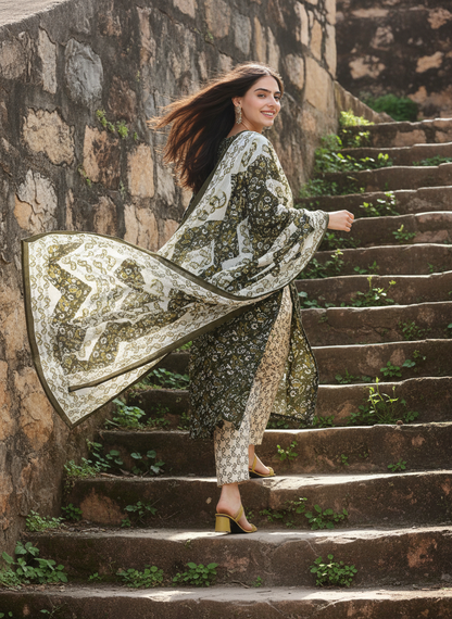 Pure Cotton Olive Printed Kurta Set with Delicate Embroidered Neckline and Dupatta