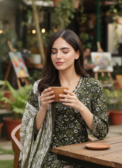 Pure Cotton Olive Printed Kurta Set with Delicate Embroidered Neckline and Dupatta