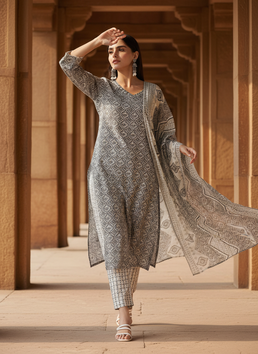 Pure Cotton Firdous Grey Printed Kurta Set with Dupatta Featuring Hand Beaded Neckline Detail
