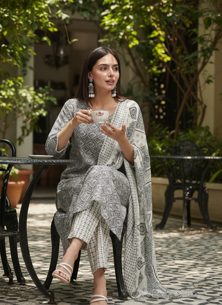 Pure Cotton Firdous Grey Printed Kurta Set with Dupatta Featuring Hand Beaded Neckline Detail